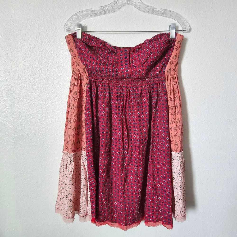 Free People Mixed Print Patchwork Strapless Smocked Mini Dress Red Pink Large